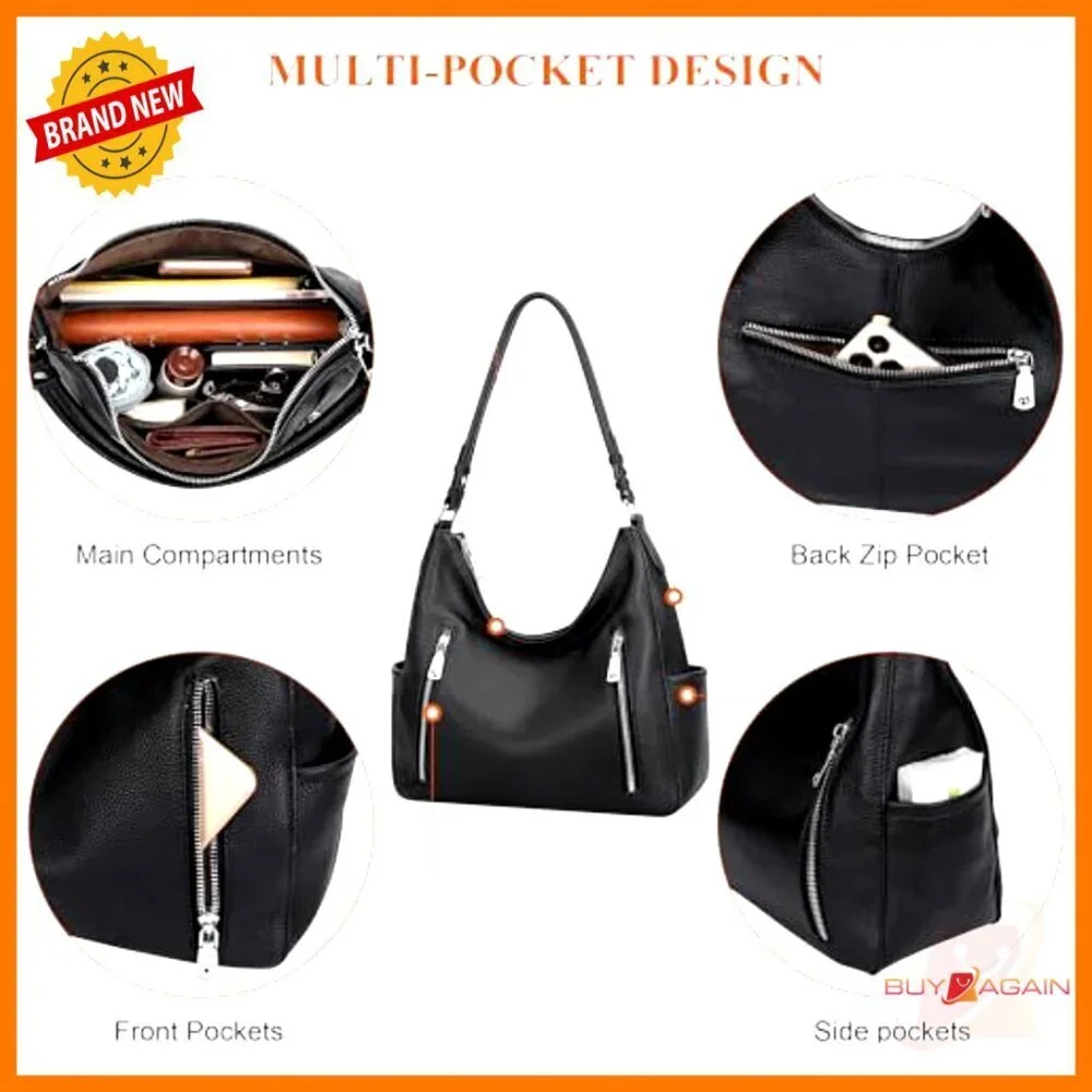 Genuine Leather Hobo Shoulder Crossbody Bag with Multiple Pockets